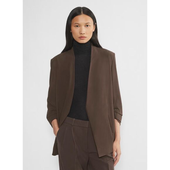 Babaton Power Hip Blazer Women's 10 Chocolate Brown Crepe Open Front Drape READ - Picture 1 of 11